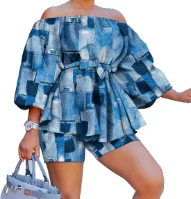 2 Piece Outfits for Women Sexy Off Shoulder Long Sleeve Plus Size Tops High Waisted Bodycon Shorts Set