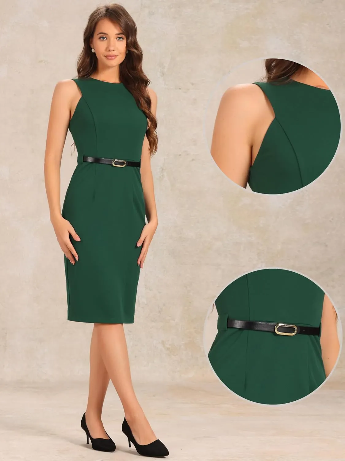 Allegra K Sleeveless Sheath Dress for Women's Office Round Neck Belted Business Pencil Dresses