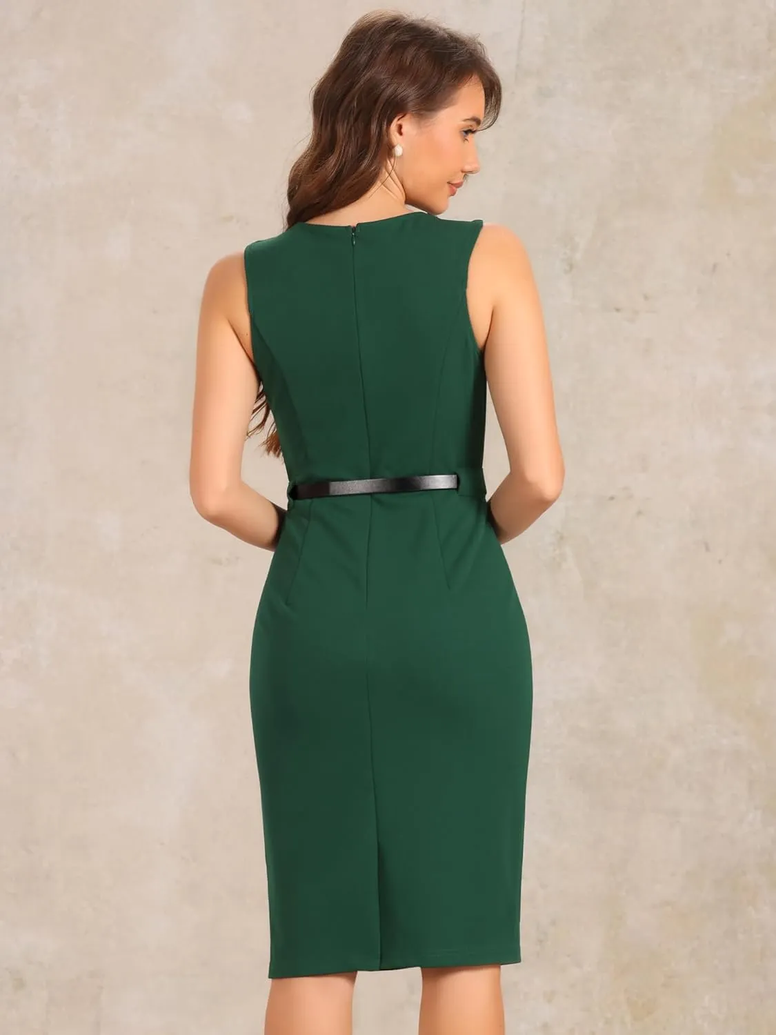 Allegra K Sleeveless Sheath Dress for Women's Office Round Neck Belted Business Pencil Dresses