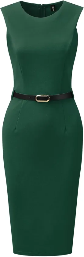 Allegra K Sleeveless Sheath Dress for Women's Office Round Neck Belted Business Pencil Dresses