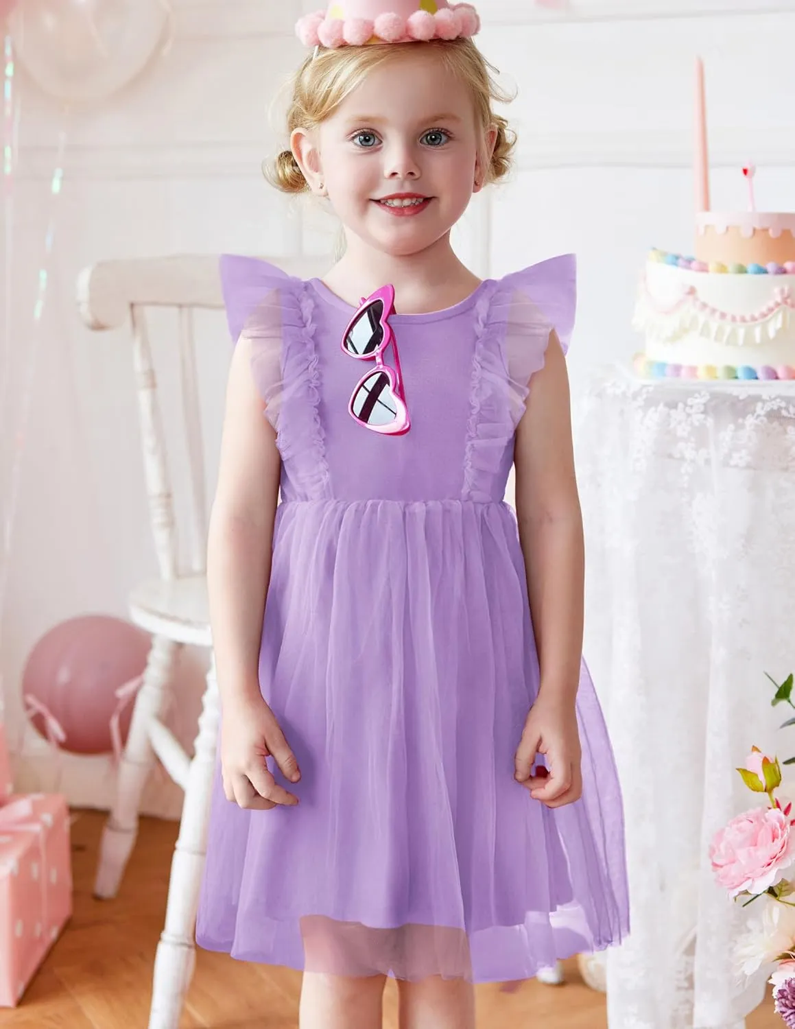 Arshiner Toddler Dress Summer Ruffle Sleeve V-Back Tie Waist Flower Girl Dresses Wedding Tulle Outfit 2-8Y