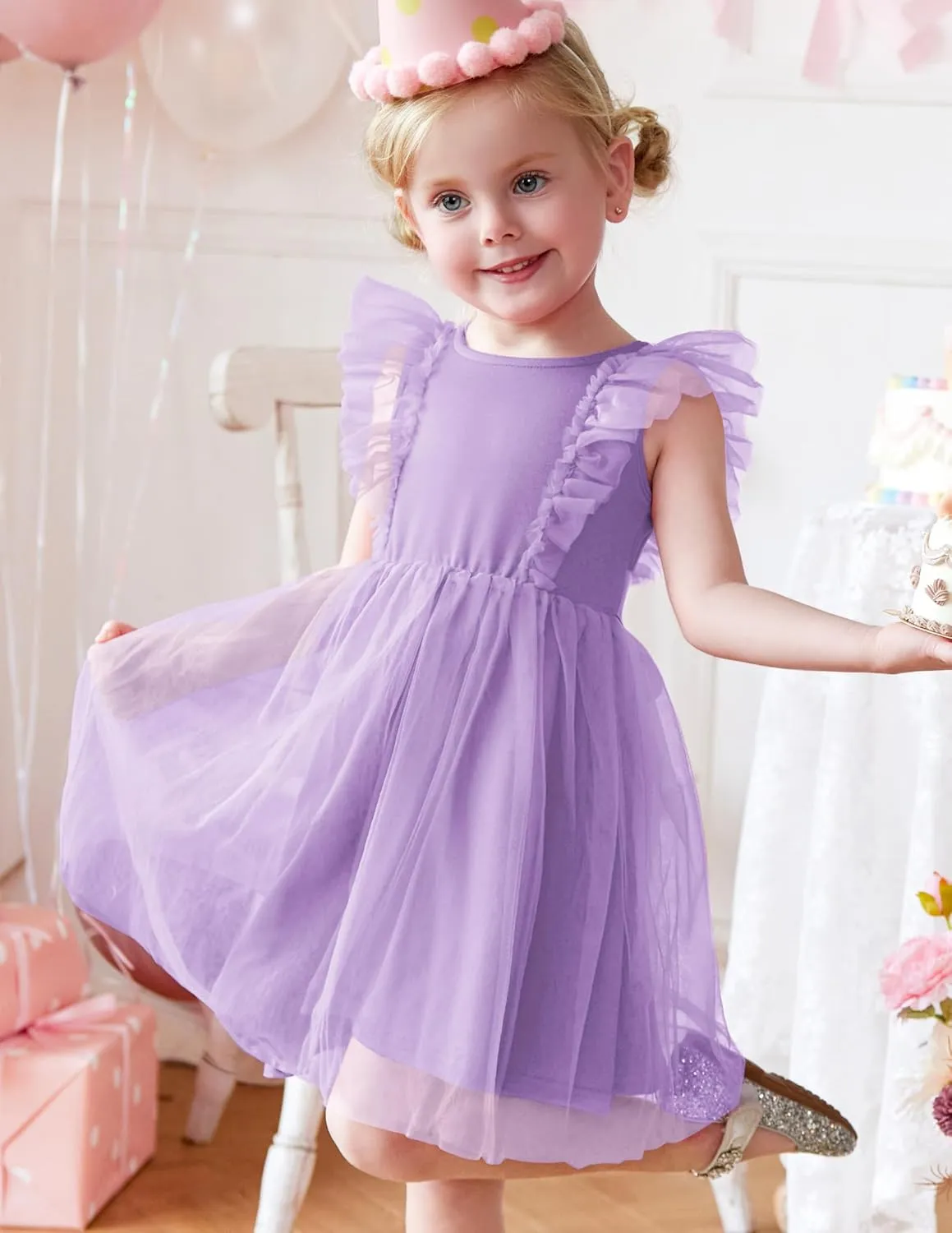 Arshiner Toddler Dress Summer Ruffle Sleeve V-Back Tie Waist Flower Girl Dresses Wedding Tulle Outfit 2-8Y