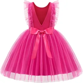 Arshiner Toddler Dress Summer Ruffle Sleeve V-Back Tie Waist Flower Girl Dresses Wedding Tulle Outfit 2-8Y