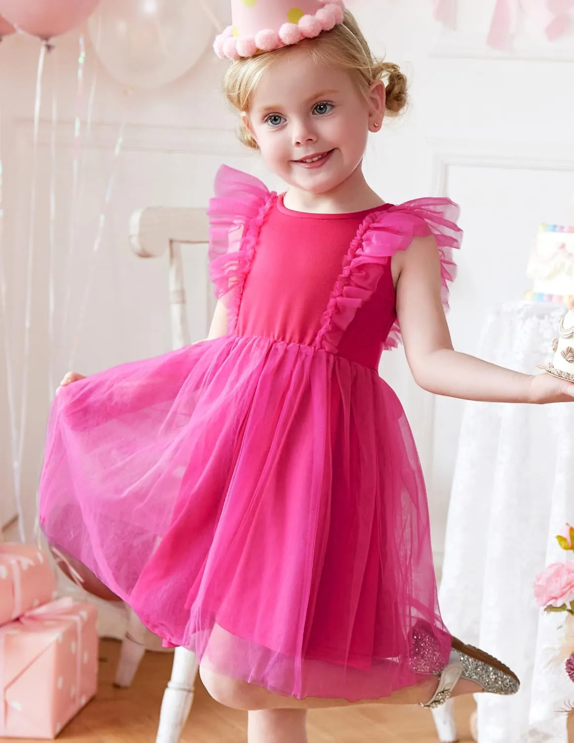 Arshiner Toddler Dress Summer Ruffle Sleeve V-Back Tie Waist Flower Girl Dresses Wedding Tulle Outfit 2-8Y
