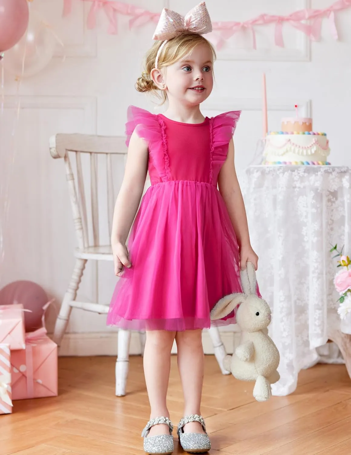 Arshiner Toddler Dress Summer Ruffle Sleeve V-Back Tie Waist Flower Girl Dresses Wedding Tulle Outfit 2-8Y