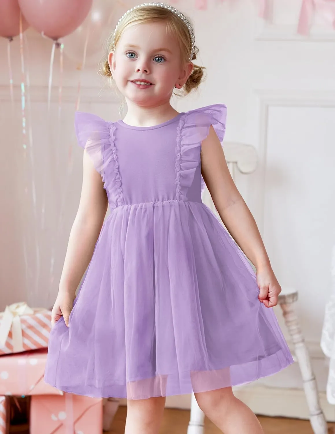 Arshiner Toddler Dress Summer Ruffle Sleeve V-Back Tie Waist Flower Girl Dresses Wedding Tulle Outfit 2-8Y