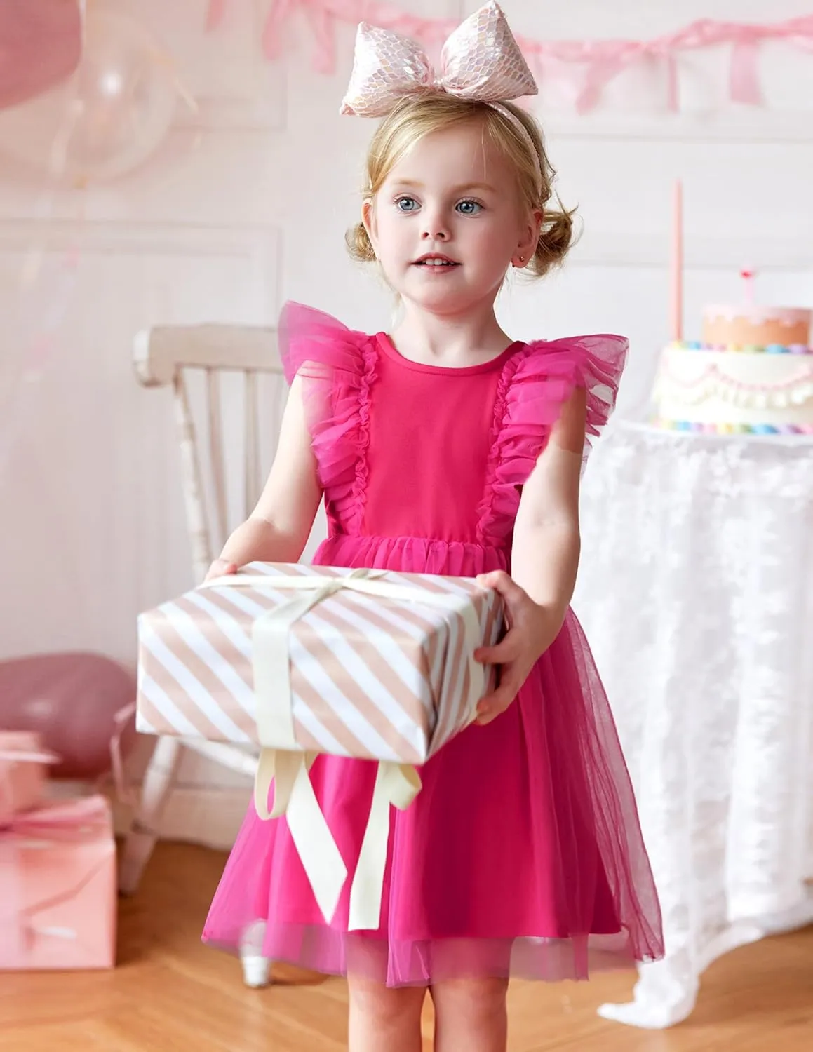 Arshiner Toddler Dress Summer Ruffle Sleeve V-Back Tie Waist Flower Girl Dresses Wedding Tulle Outfit 2-8Y