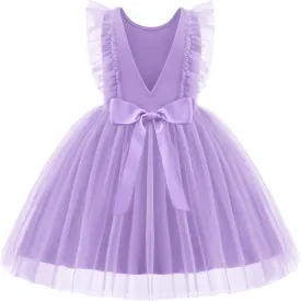 Arshiner Toddler Dress Summer Ruffle Sleeve V-Back Tie Waist Flower Girl Dresses Wedding Tulle Outfit 2-8Y