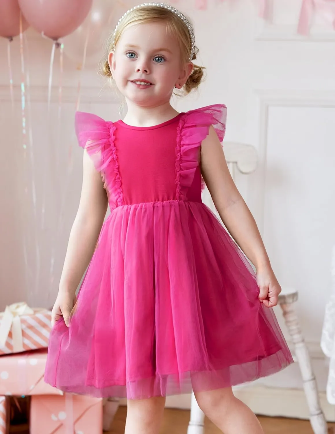 Arshiner Toddler Dress Summer Ruffle Sleeve V-Back Tie Waist Flower Girl Dresses Wedding Tulle Outfit 2-8Y