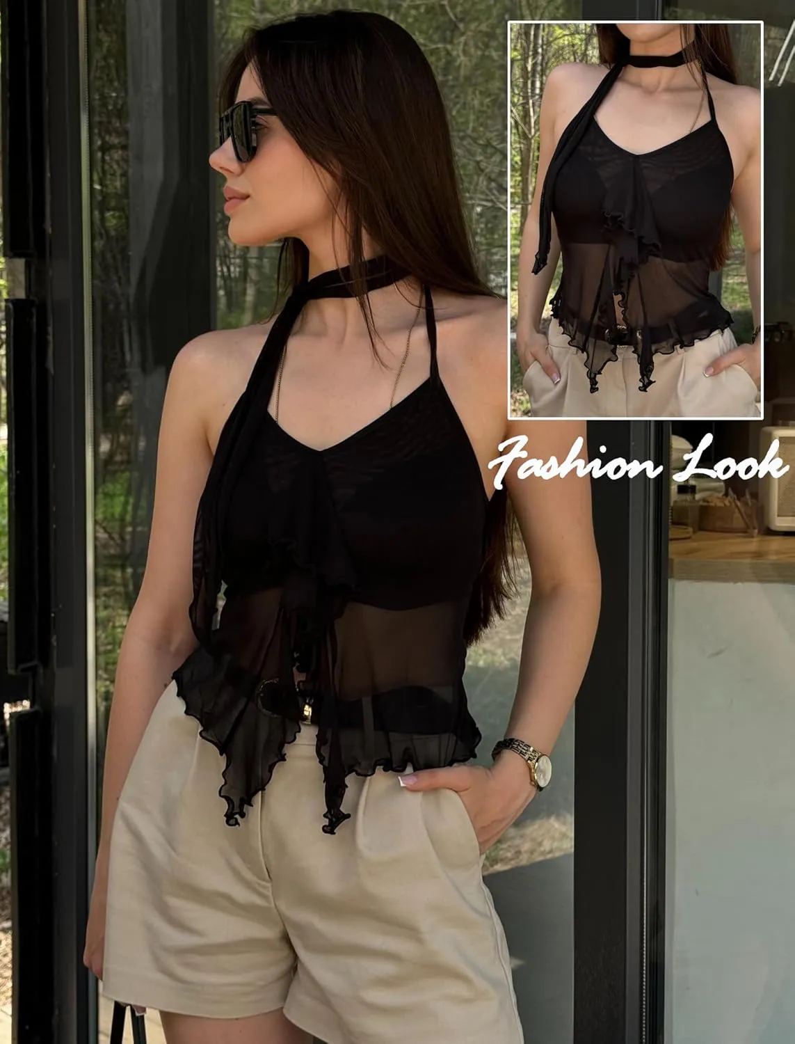Avidlove Halter Tops for Women Mesh Tank Top Sexy Camisoles Y2K Crop Top Going Out Tops Trendy Summer Tops Outfits