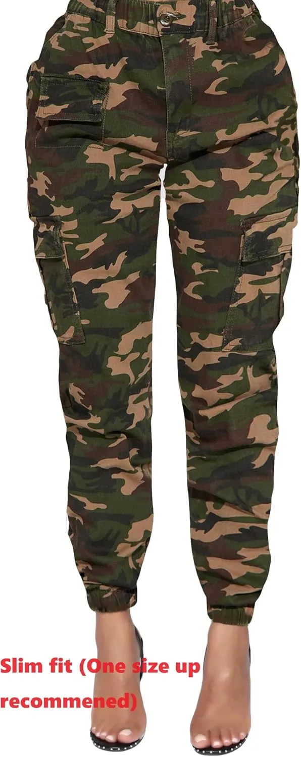 BWN Women's Camo Cargo Jogger Pants  Slim Fit Army High Waisted Joggers Fatigue Elastic Waistband Tapered Camouflage Trouser