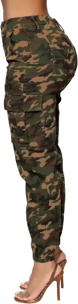 BWN Women's Camo Cargo Jogger Pants  Slim Fit Army High Waisted Joggers Fatigue Elastic Waistband Tapered Camouflage Trouser