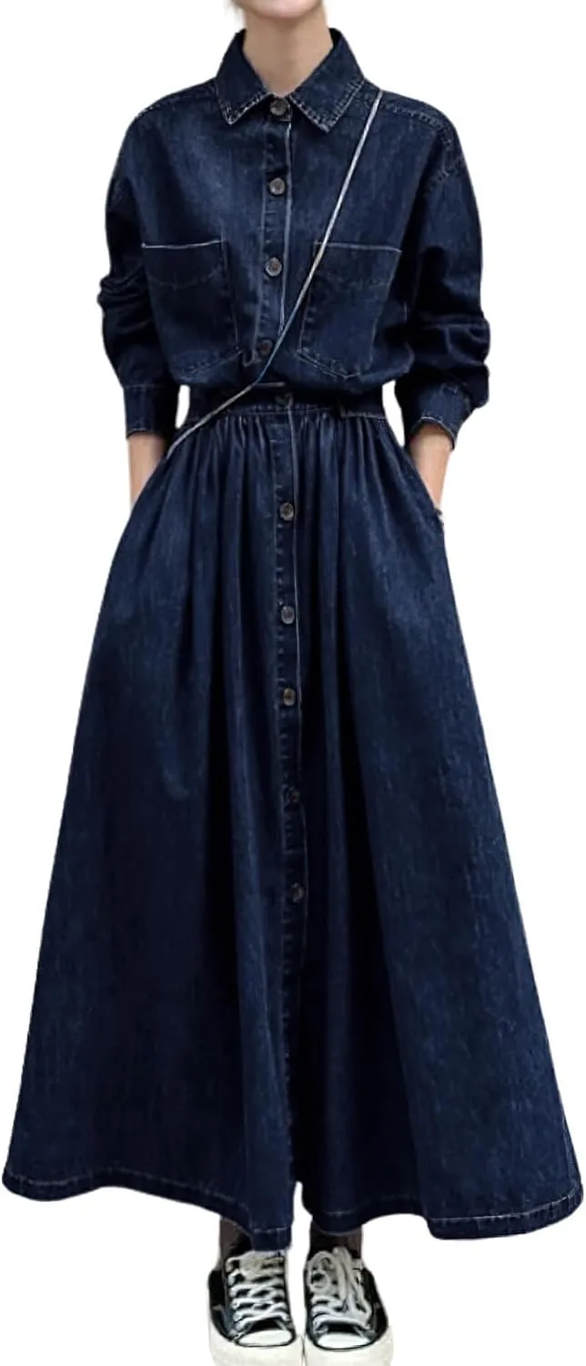 chouyatou Women's Casual Spring Fall Denim Dress Elastic Waist Button Down Maxi Long Jean Shirt Dress
