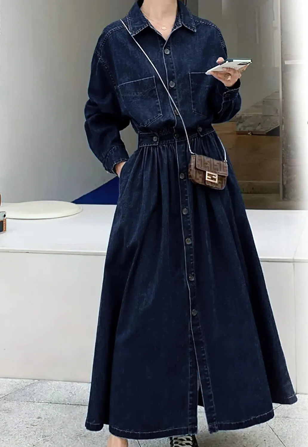 chouyatou Women's Casual Spring Fall Denim Dress Elastic Waist Button Down Maxi Long Jean Shirt Dress