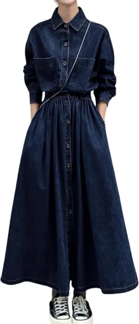 chouyatou Women's Casual Spring Fall Denim Dress Elastic Waist Button Down Maxi Long Jean Shirt Dress