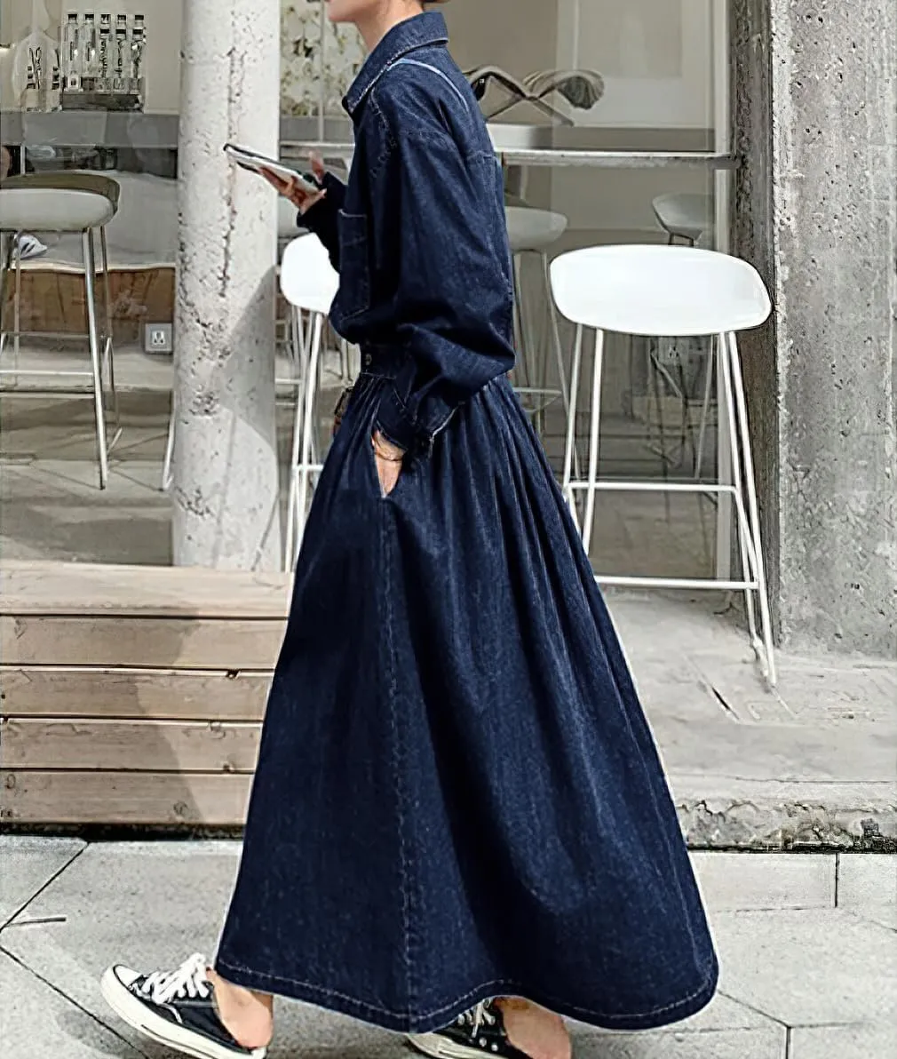 chouyatou Women's Casual Spring Fall Denim Dress Elastic Waist Button Down Maxi Long Jean Shirt Dress