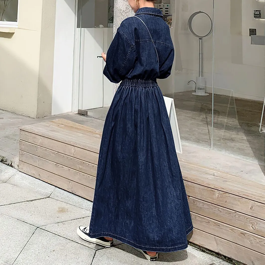 chouyatou Women's Casual Spring Fall Denim Dress Elastic Waist Button Down Maxi Long Jean Shirt Dress
