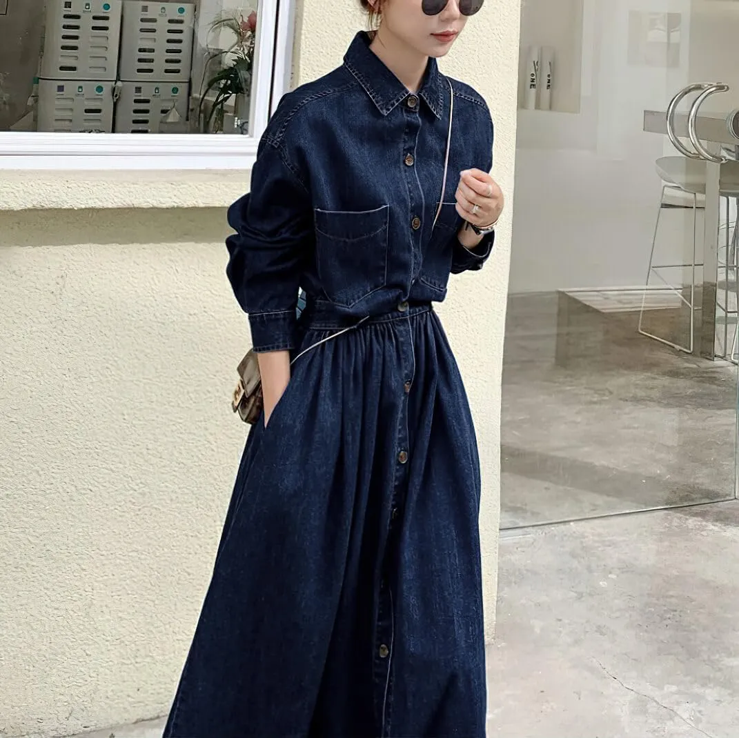 chouyatou Women's Casual Spring Fall Denim Dress Elastic Waist Button Down Maxi Long Jean Shirt Dress