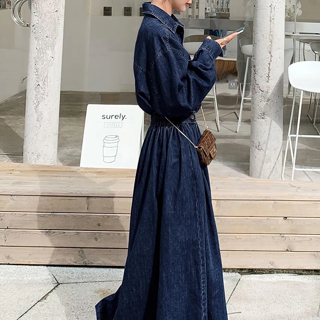 chouyatou Women's Casual Spring Fall Denim Dress Elastic Waist Button Down Maxi Long Jean Shirt Dress