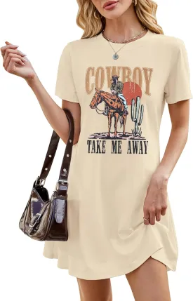 Cowboy Western Dress for Women: Vintage Rodeo Graphic Dresses Country Music Sundress Short Sleeve Cowgirl Outfits