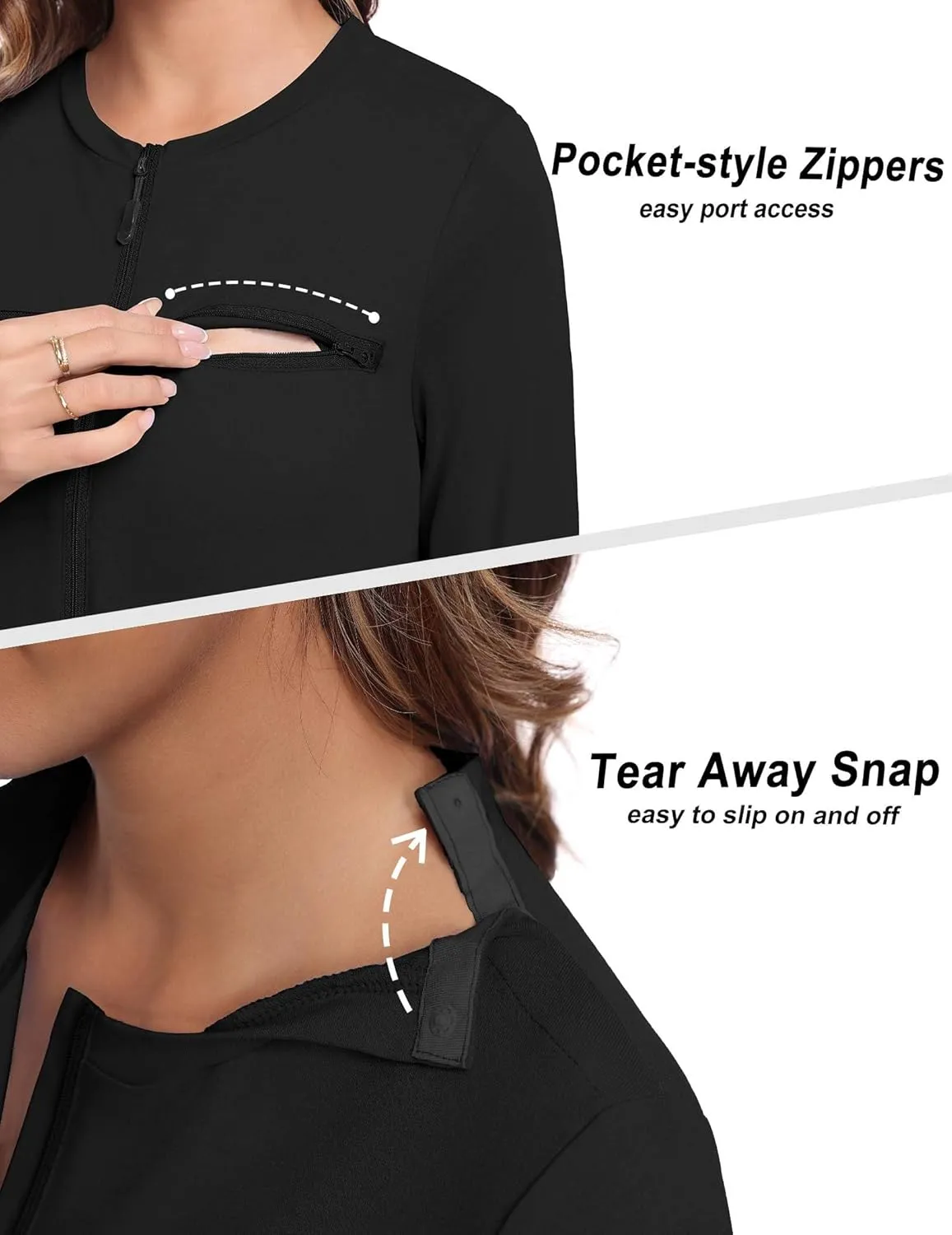 Deyeek Chemo Port Shirts for Women 2 Side Snaps Long Sleeve Shoulder Post Surgery Clothing Dialysis Breast Cancer Shirts