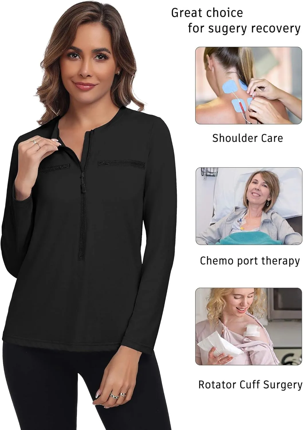 Deyeek Chemo Port Shirts for Women 2 Side Snaps Long Sleeve Shoulder Post Surgery Clothing Dialysis Breast Cancer Shirts