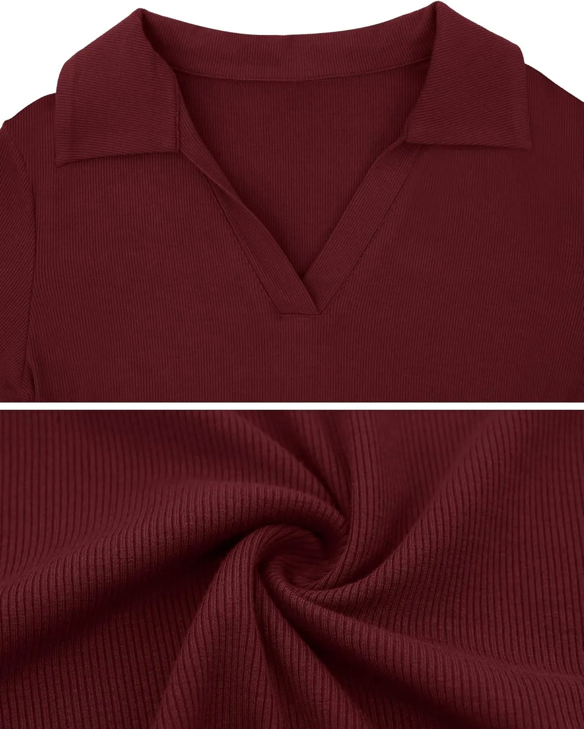 DittyandVibe Women's Long Sleeve Collared Polo Shirts Ribbed Knit Slim Fitted V Neck Work Tops