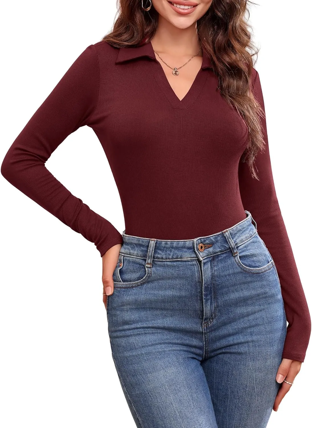 DittyandVibe Women's Long Sleeve Collared Polo Shirts Ribbed Knit Slim Fitted V Neck Work Tops