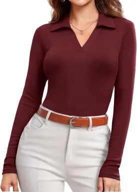 DittyandVibe Women's Long Sleeve Collared Polo Shirts Ribbed Knit Slim Fitted V Neck Work Tops