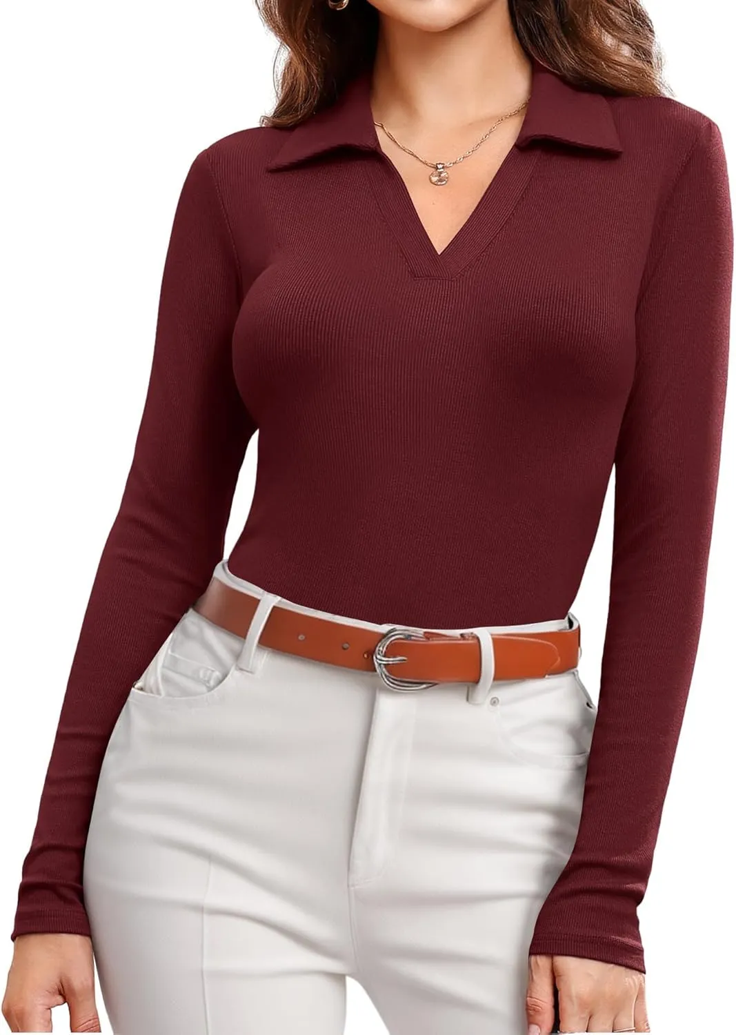DittyandVibe Women's Long Sleeve Collared Polo Shirts Ribbed Knit Slim Fitted V Neck Work Tops