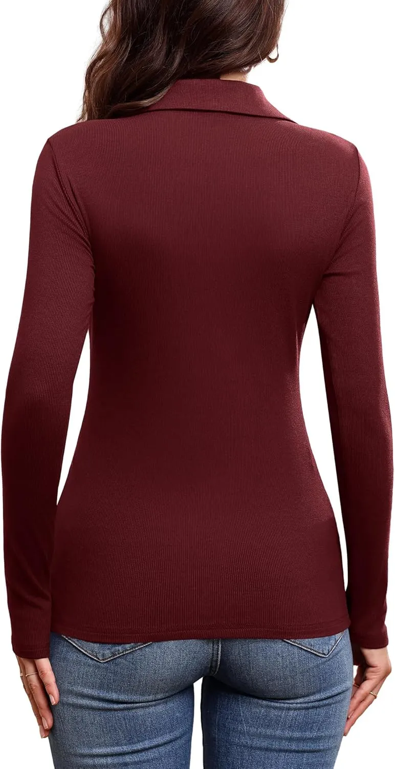 DittyandVibe Women's Long Sleeve Collared Polo Shirts Ribbed Knit Slim Fitted V Neck Work Tops