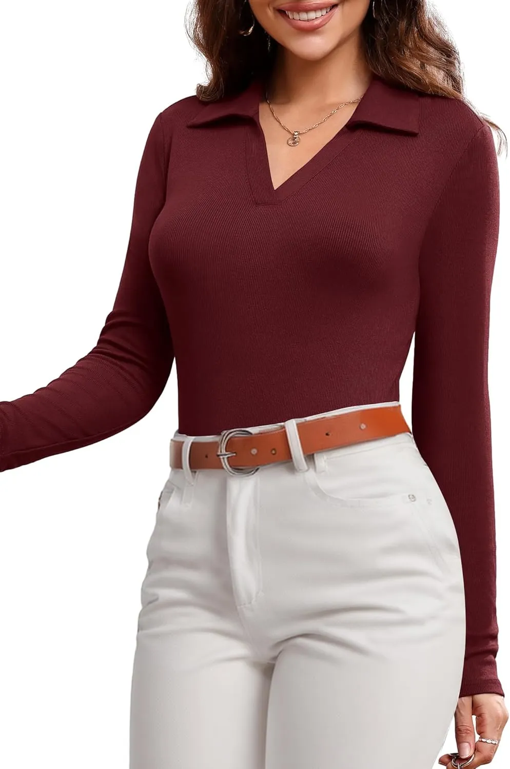 DittyandVibe Women's Long Sleeve Collared Polo Shirts Ribbed Knit Slim Fitted V Neck Work Tops