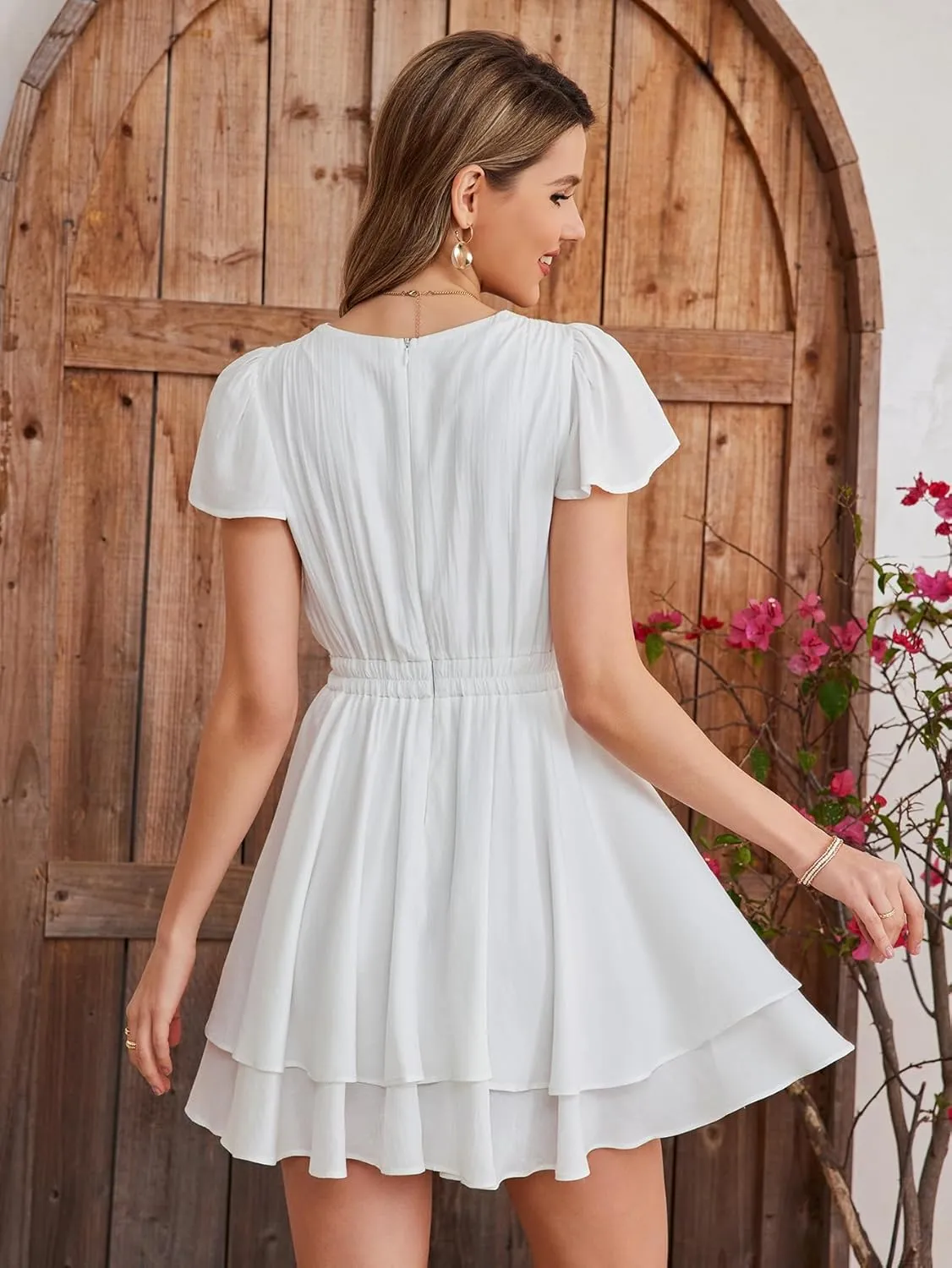 EYNMIN Women's Summer V Neck Mini Dress Flowy A-Line Ruffle Swing Casual Short Dresses