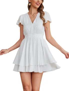 EYNMIN Women's Summer V Neck Mini Dress Flowy A-Line Ruffle Swing Casual Short Dresses