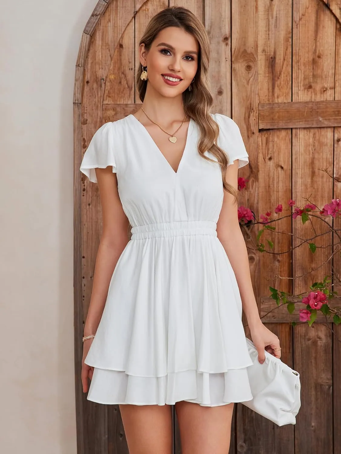 EYNMIN Women's Summer V Neck Mini Dress Flowy A-Line Ruffle Swing Casual Short Dresses