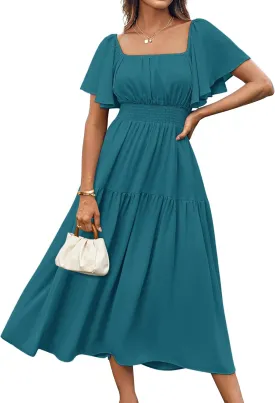 GRACE KARIN Women's Summer Short Sleeve Square Neck Smocked Waist Casual Vacation Tiered Flowy Maxi Dress
