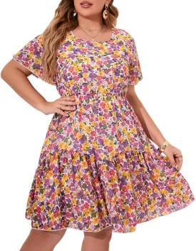 HBEYYTO Women's Plus Size Floral Print Boho Beach Dress Casual Ruffle Sleeve Elastic Waist Swing Chiffon Sundress