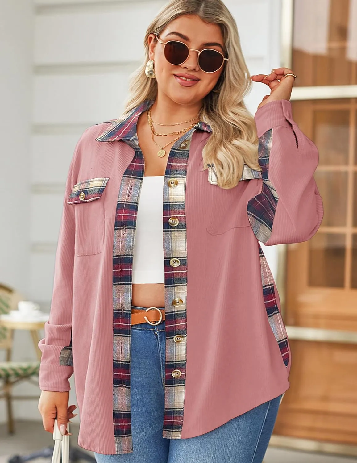 IN'VOLAND Womens Plus Size Corduroy Shacket Jacket Plaid Button Down Shirts Boyfriend Casual Long Sleeves Blouses Tops