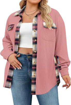 IN'VOLAND Womens Plus Size Corduroy Shacket Jacket Plaid Button Down Shirts Boyfriend Casual Long Sleeves Blouses Tops
