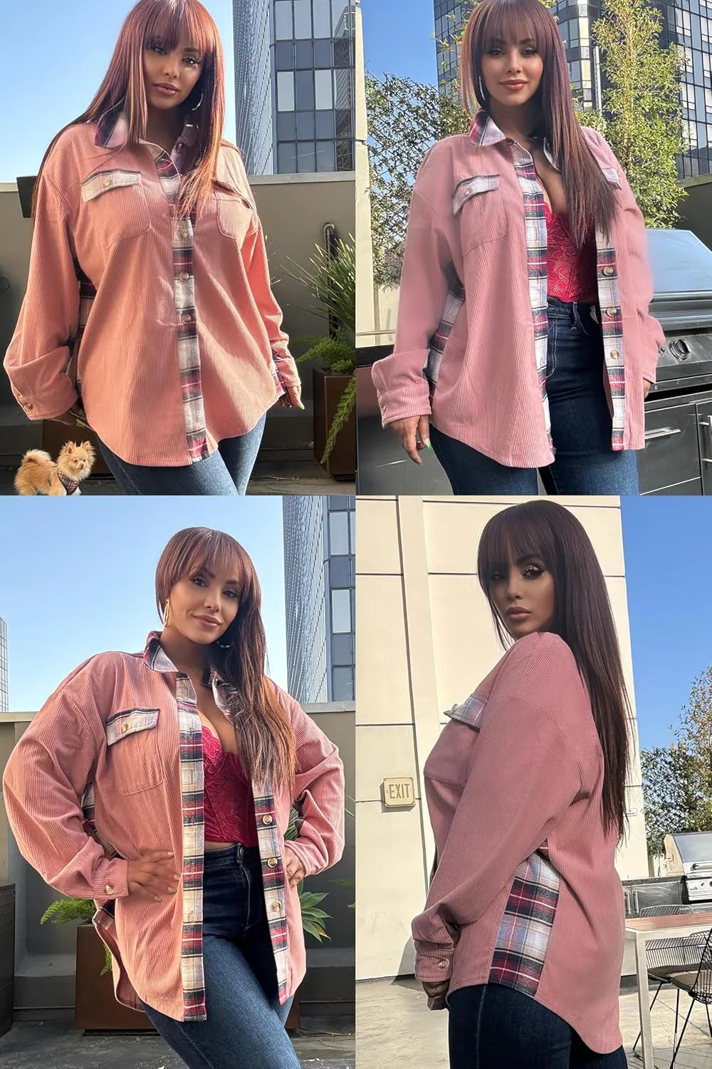 IN'VOLAND Womens Plus Size Corduroy Shacket Jacket Plaid Button Down Shirts Boyfriend Casual Long Sleeves Blouses Tops