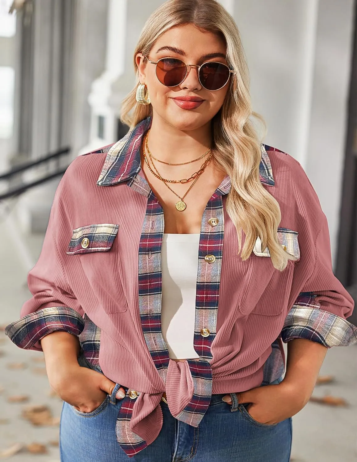 IN'VOLAND Womens Plus Size Corduroy Shacket Jacket Plaid Button Down Shirts Boyfriend Casual Long Sleeves Blouses Tops