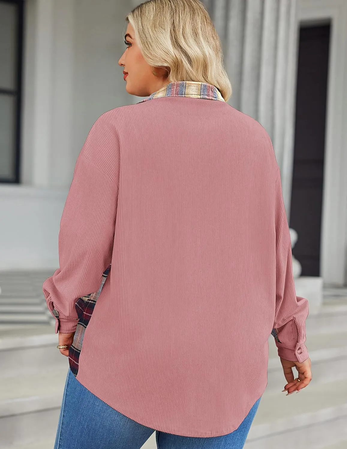 IN'VOLAND Womens Plus Size Corduroy Shacket Jacket Plaid Button Down Shirts Boyfriend Casual Long Sleeves Blouses Tops