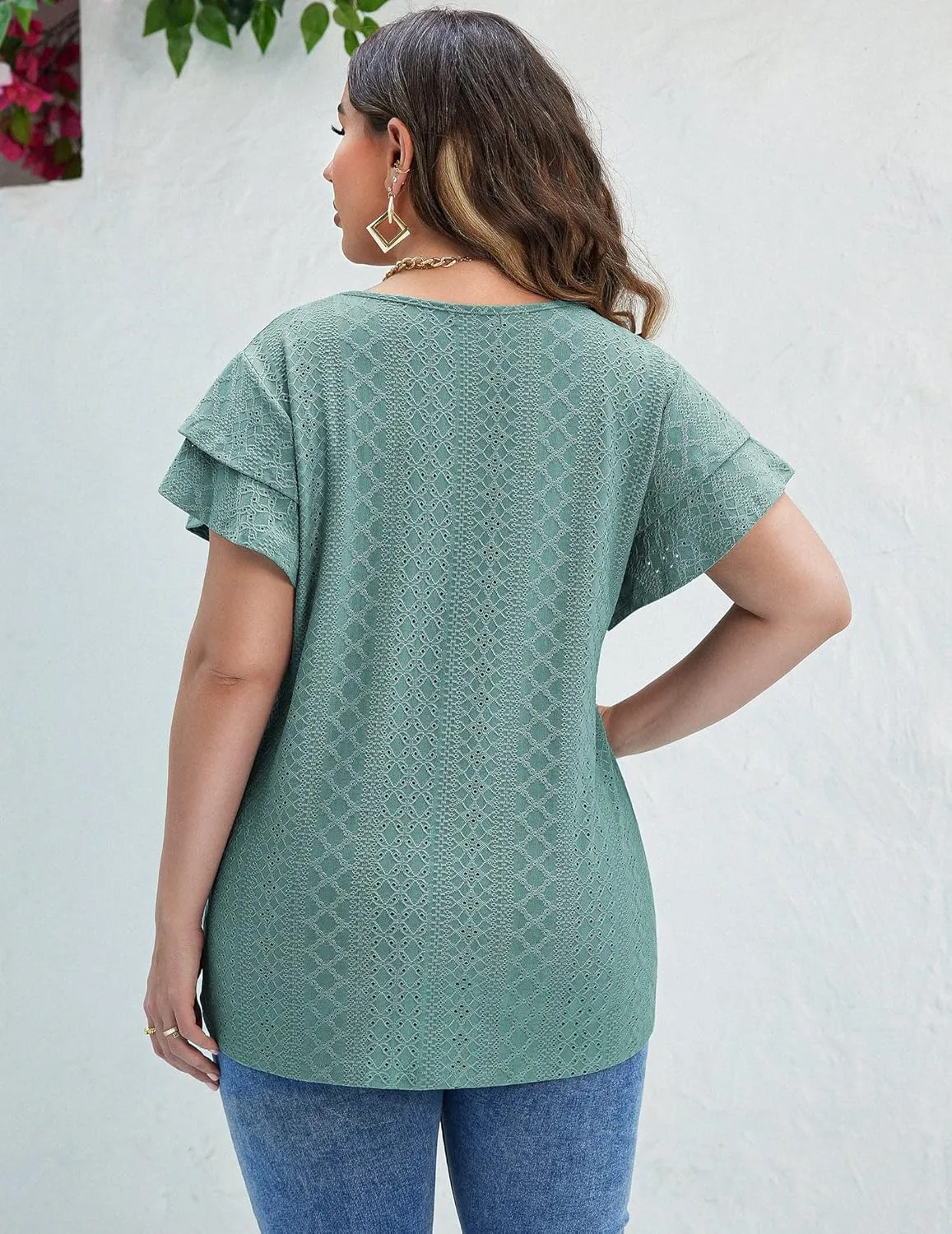 IN'VOLAND Womens Plus Size T Shirt V Neck Loose Fit Ruffle Sleeve Summer Hollow Casual Tops Blouse