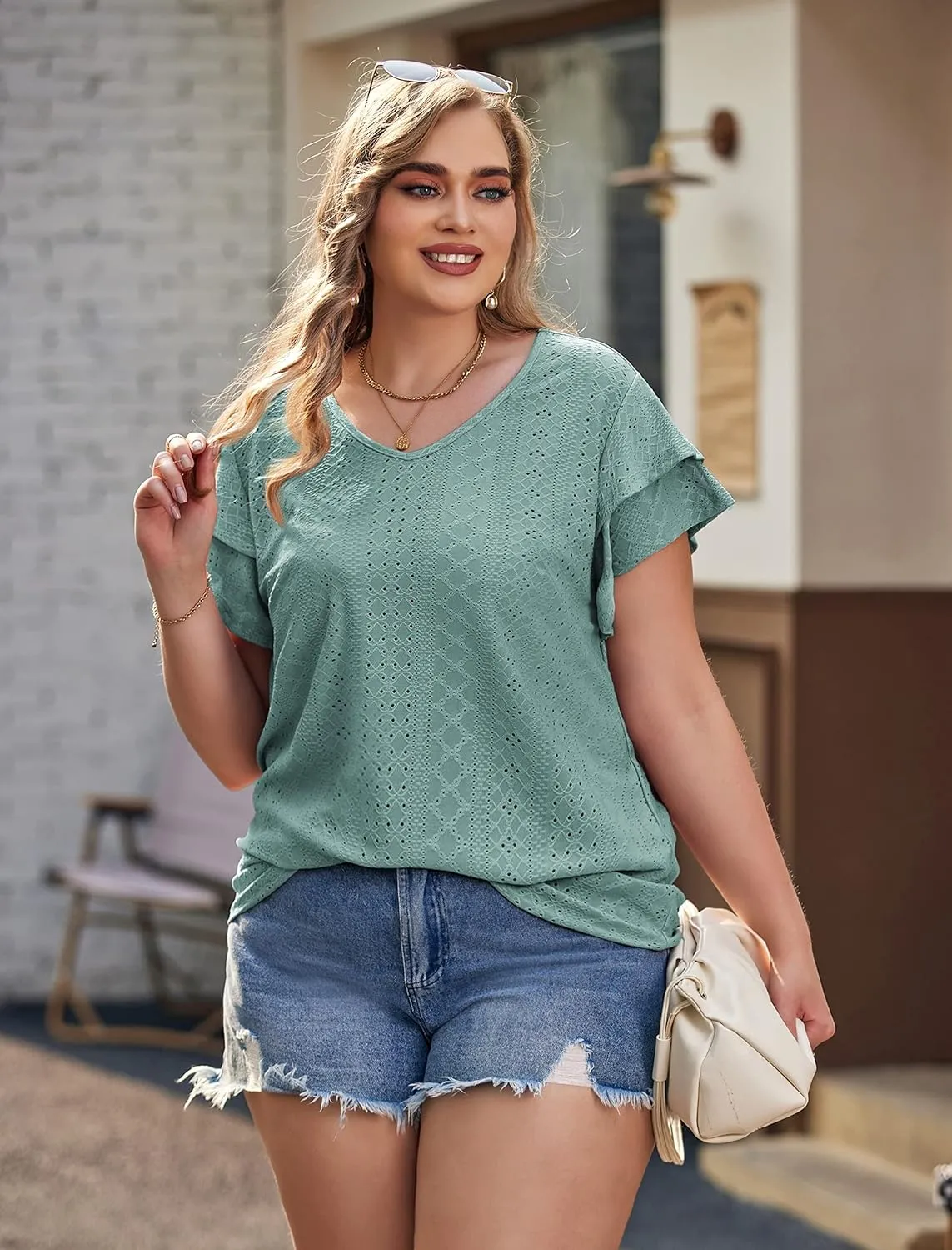 IN'VOLAND Womens Plus Size T Shirt V Neck Loose Fit Ruffle Sleeve Summer Hollow Casual Tops Blouse