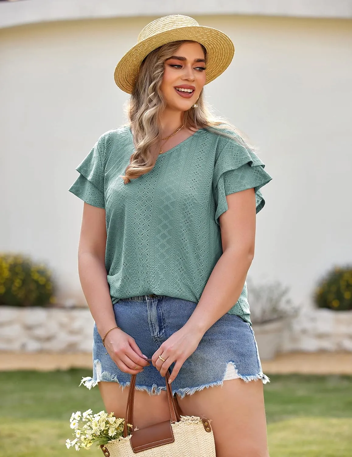 IN'VOLAND Womens Plus Size T Shirt V Neck Loose Fit Ruffle Sleeve Summer Hollow Casual Tops Blouse