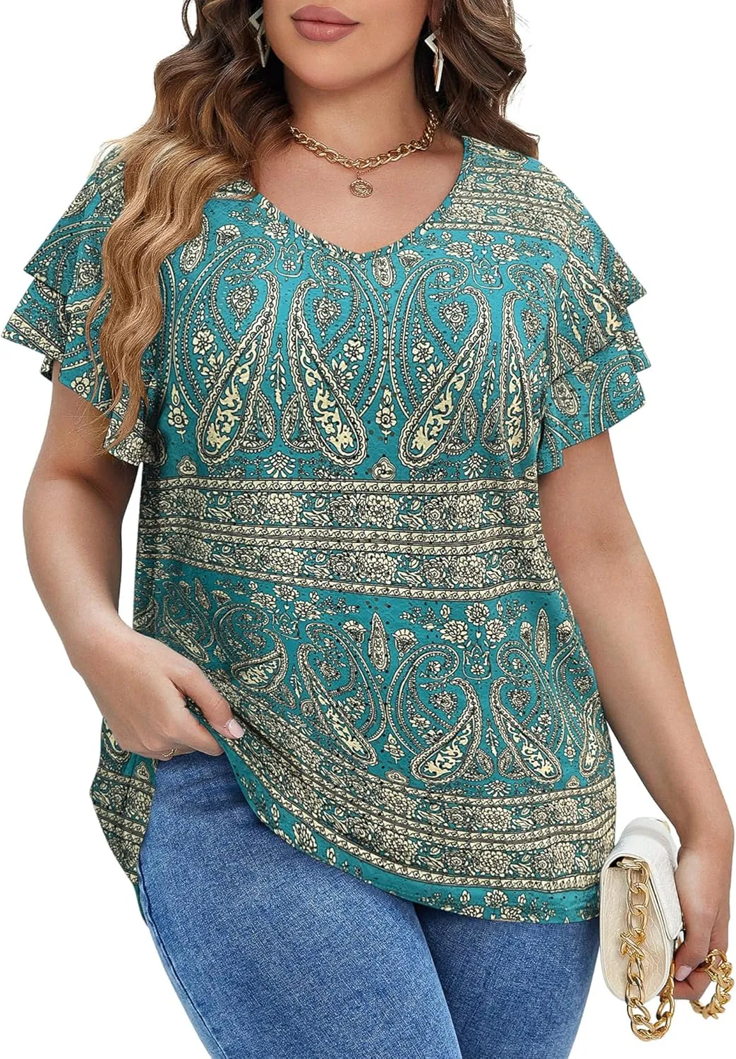IN'VOLAND Womens Plus Size T Shirt V Neck Loose Fit Ruffle Sleeve Summer Hollow Casual Tops Blouse