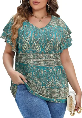 IN'VOLAND Womens Plus Size T Shirt V Neck Loose Fit Ruffle Sleeve Summer Hollow Casual Tops Blouse