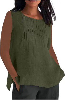 Linen Tank Tops for Women Cotton Gauze Crewneck Pleated Front Sleeveless Plus Size Summer Shirts with Side Slit