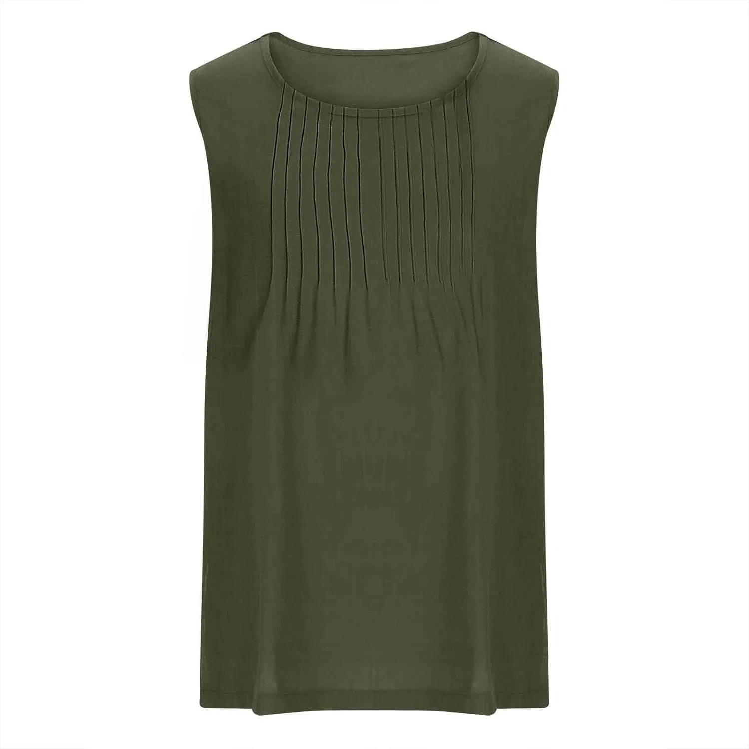 Linen Tank Tops for Women Cotton Gauze Crewneck Pleated Front Sleeveless Plus Size Summer Shirts with Side Slit