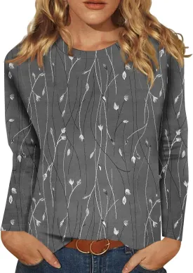 Long Sleeve Tops for Women Crewneck Cute Shirts Casual Trendy Floral Print T-Shirts 2024 Blouses